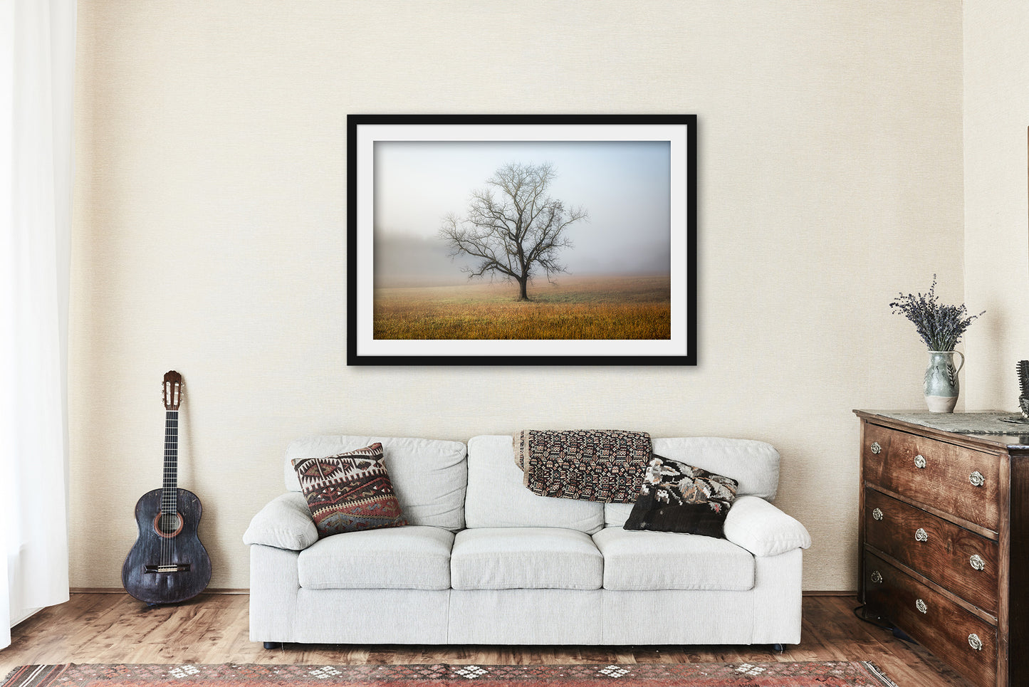Framed Nature Print (Ready to Hang) Picture of Leafless Tree Shrouded in Fog in Great Smoky Mountains Tennessee Landscape Wall Art Botanical Decor