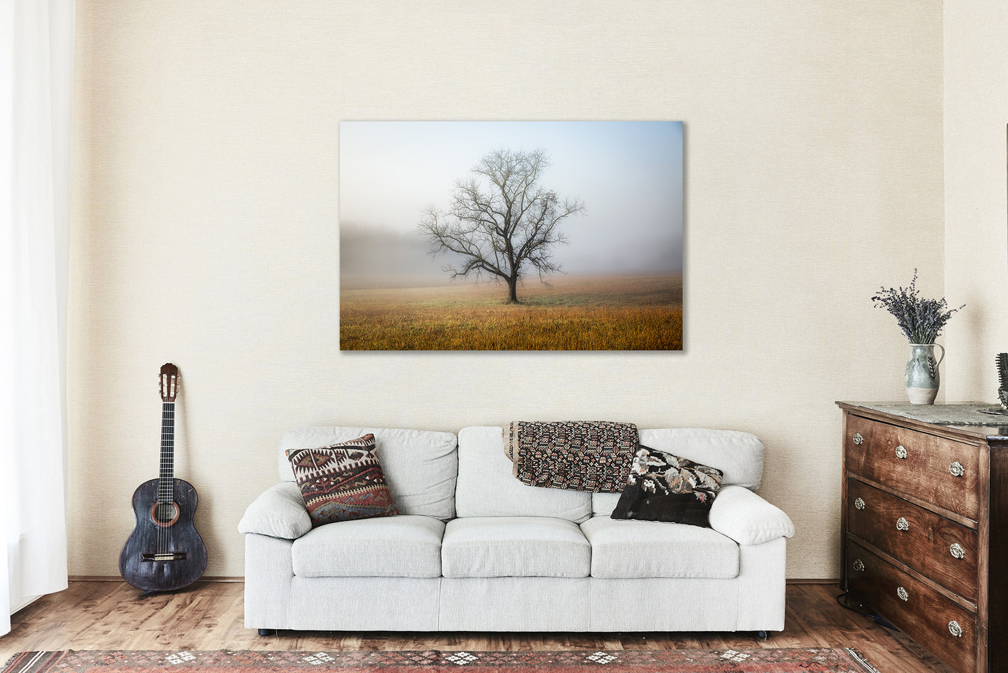 Nature Canvas Wall Art (Ready to Hang) Gallery Wrap of Leafless Tree Shrouded in Fog in Great Smoky Mountains Tennessee Landscape Photography Botanical Decor