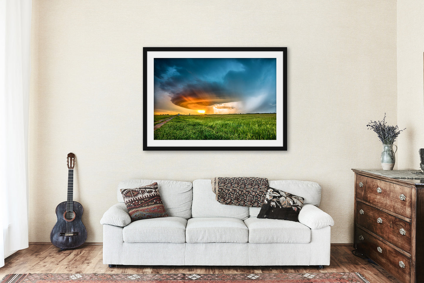 Framed Storm Print (Ready to Hang) Picture of Supercell Thunderstorm Illuminated by Sunlight at Sunset in Oklahoma Weather Wall Art Nature Decor