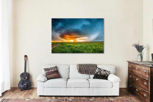 Storm Canvas Print | Thunderstorm Over Field at Sunset Wall Art | Oklahoma Photography | Weather Photo | Nature Decor