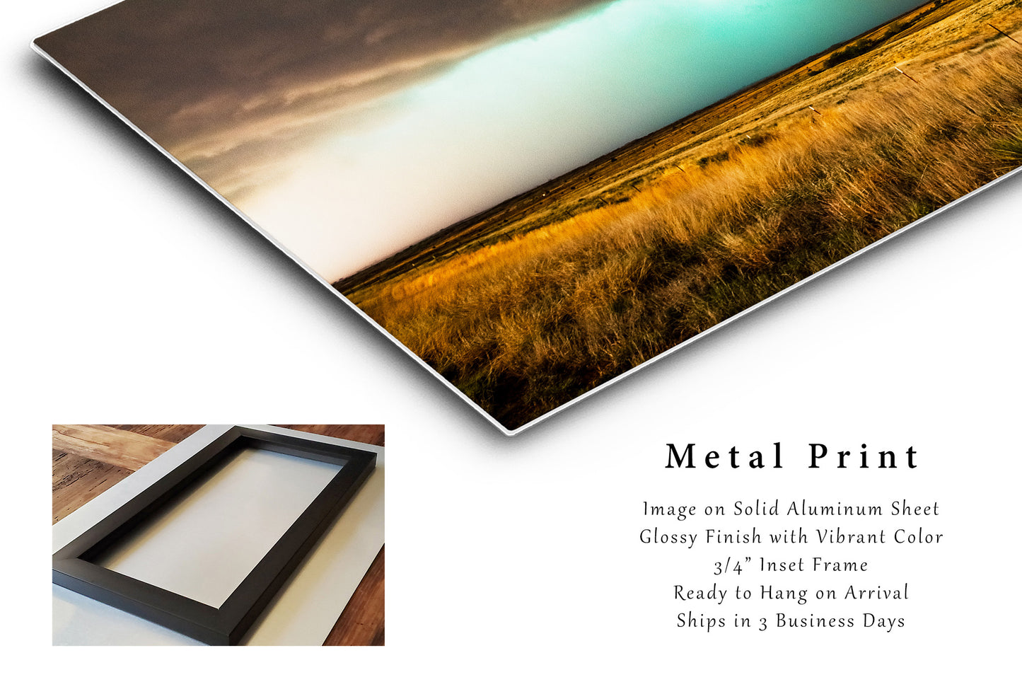 Storm Metal Print (Ready to Hang) Photo on Aluminum of Teal Hued Thunderstorm Over Prairie on Stormy Day in Texas Great Plains Wall Art Nature Decor