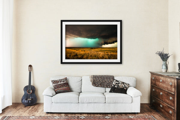 Framed and Matted Print - Teal Hued Storm Over Open Prairie on Spring Day in Texas - Ready to Hang Thunderstorm Weather Wall Art Decor