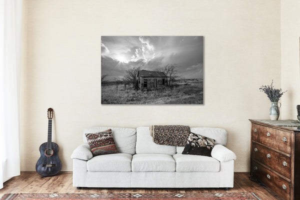 Canvas Wall Art | Abandoned Farm House Picture | Country Gallery Wrap | Kansas Photography | Black and White Photo | Great Plains Decor