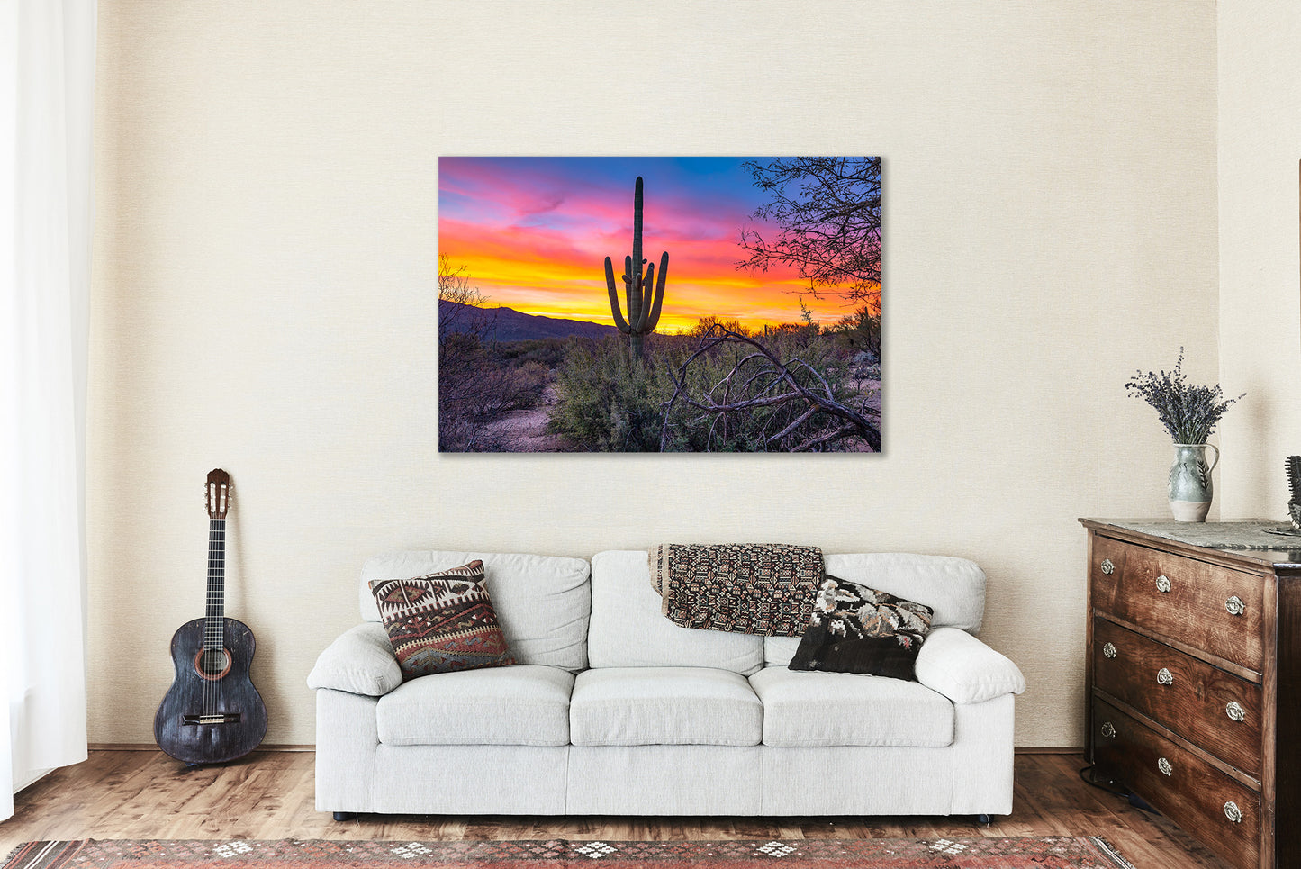 Cactus Canvas Wall Art - Gallery Wrap of Saguaro and Colorful Sunrise in Sonoran Desert Arizona - Southwestern Photography Artwork Decor