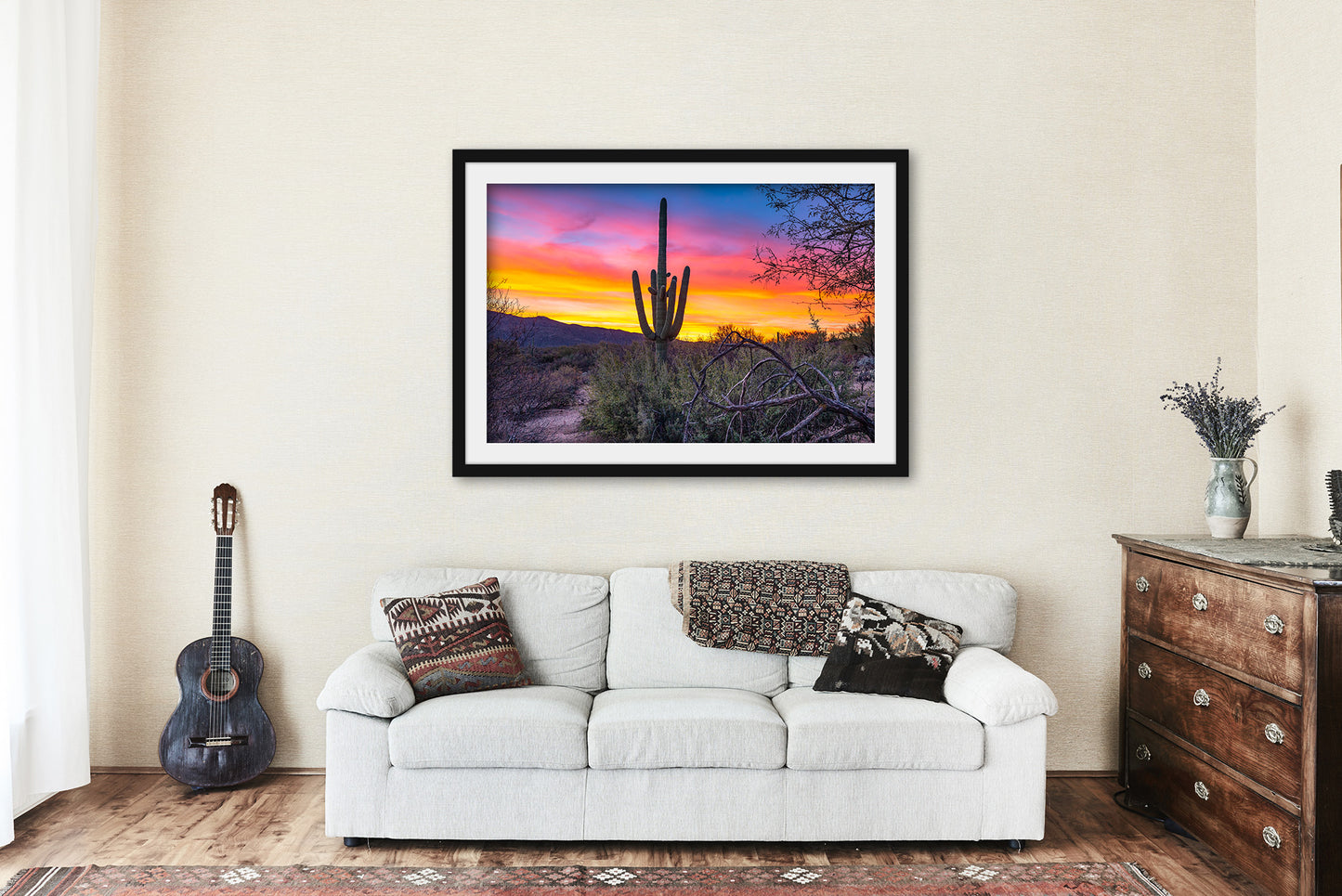 Framed and Matted Print - Picture of Saguaro Cactus at Sunrise in Sonoran Desert near Tucson Arizona - Desert Southwest Wall Art Photo Decor