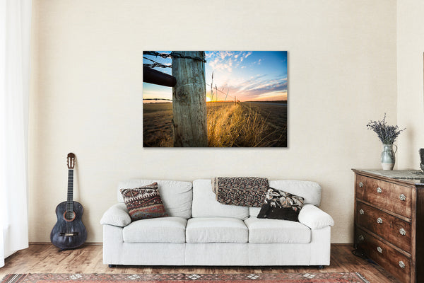 Country Metal Print - Picture of Fence Post and Prairie Grass at Sunset on Winter Day in Oklahoma - Western Farmhouse Wall Art Photo Decor