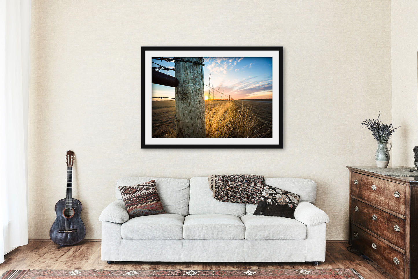 Framed and Matted Print - Picture of Fence Post and Prairie Grass at Sunset on Winter Day in Oklahoma Country Wall Art Farmhouse Decor