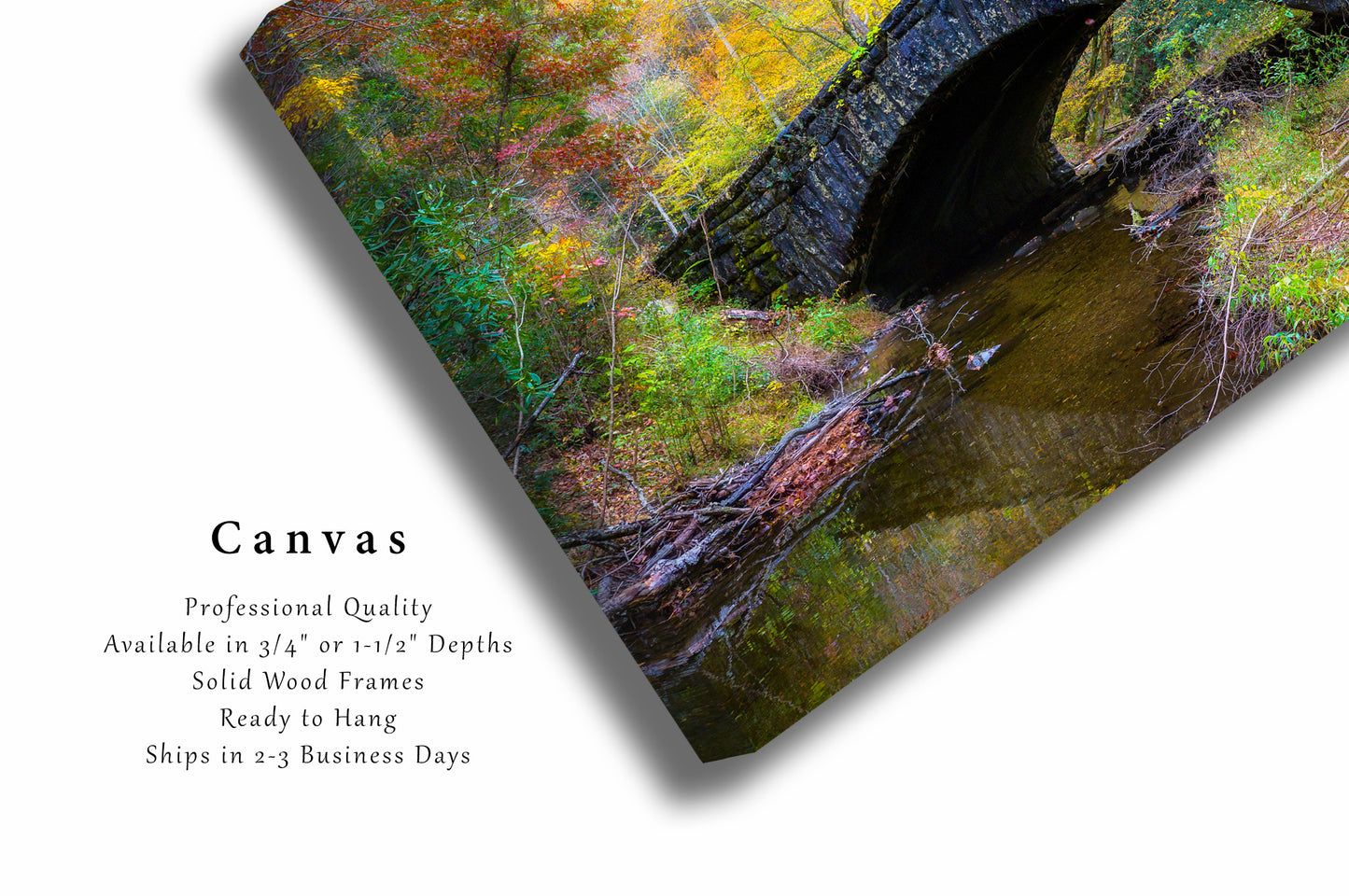 Country Canvas Wall Art - Gallery Wrap of Stone Bridge Surrounded by Fall Foliage in Great Smoky Mountains - Photography Artwork Photo Decor