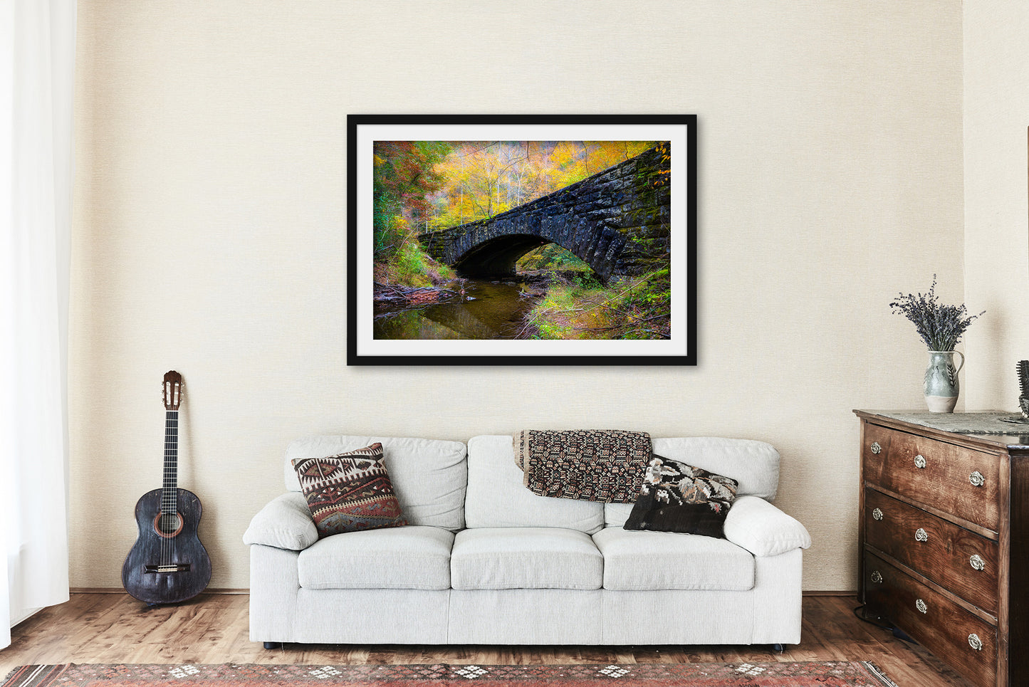 Framed and Matted Print - Picture of Stone Bridge and Fall Color on Autumn Day in Great Smoky Mountains Tennessee Nature Wall Art Decor