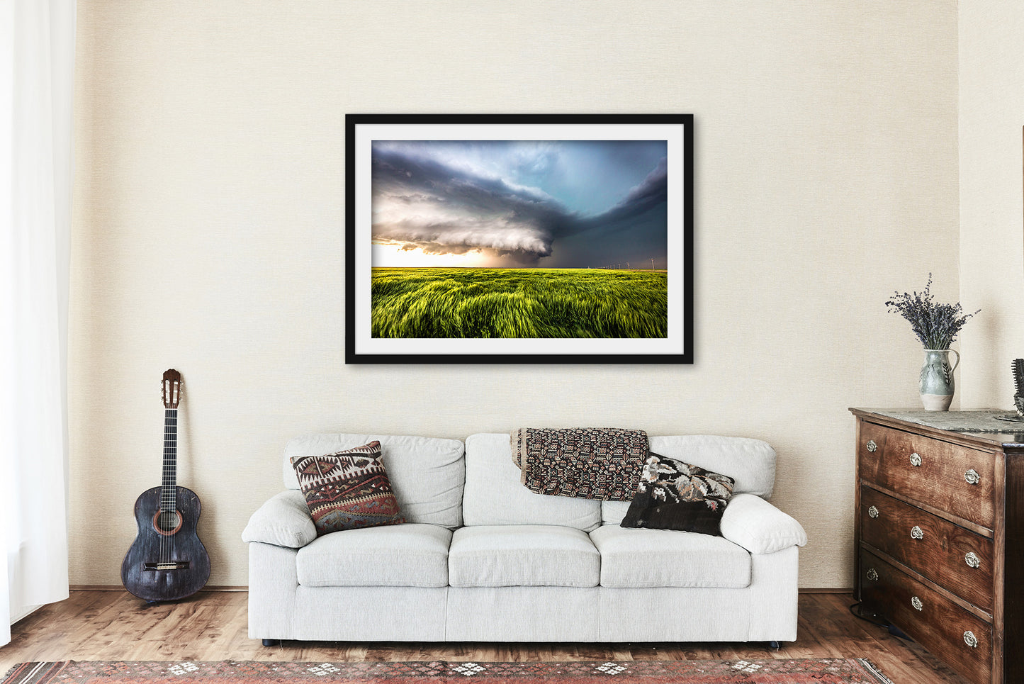 Framed Storm Print with Optional Mat (Ready to Hang) Picture of Supercell Thunderstorm Over Waving Wheat Field on Stormy Spring Day in Kansas Great Plains Wall Art Weather Decor