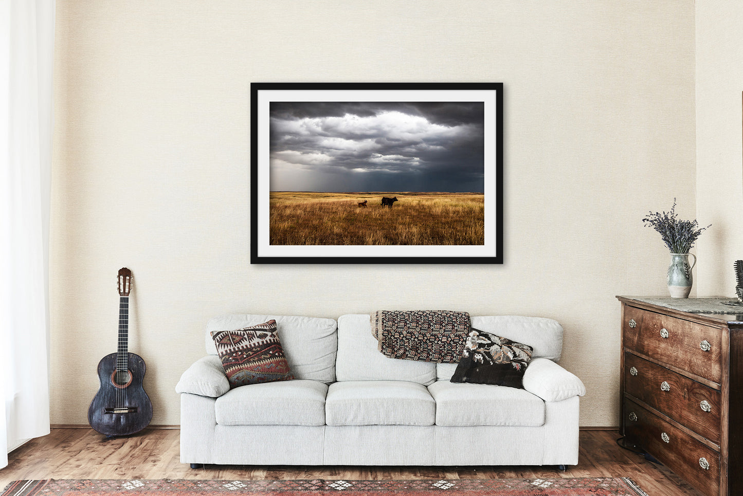 Framed and Matted Print - Picture of Cow and Playful Calf on Stormy Day in Oklahoma - Country Farmhouse Wall Art Farm Ranch Decor
