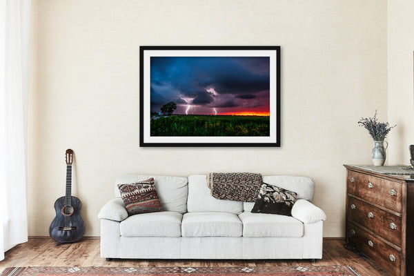Lightning Bolts and Firefly at Sunset Framed Print | Storm Wall Art | Thunderstorm Picture | Oklahoma Photo | Nature Decor