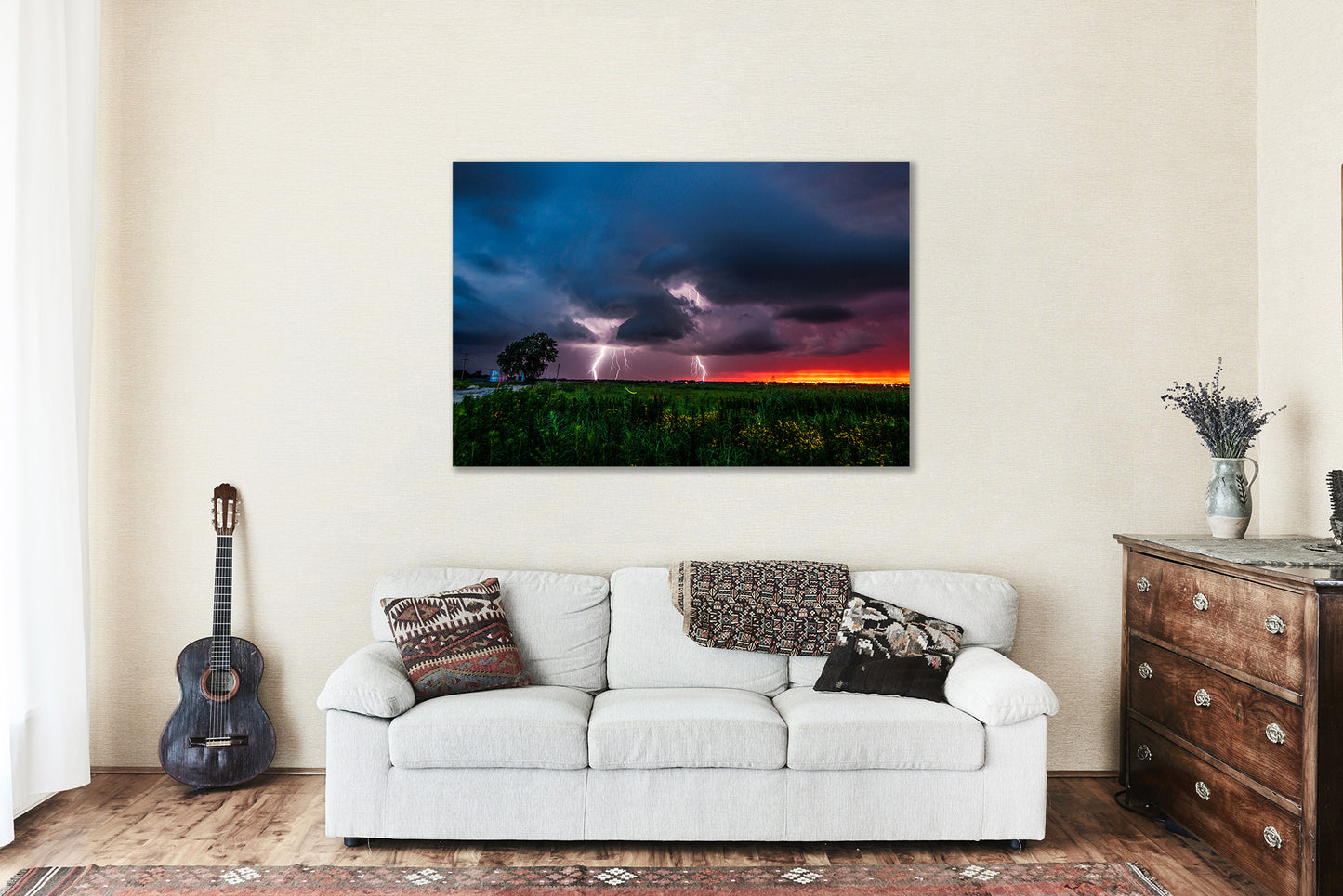 Storm Canvas Wall Art (Ready to Hang) Gallery Wrap of Lightning Strikes as a Firefly Whirls About at Sunset in Oklahoma Weather Photography Nature Decor