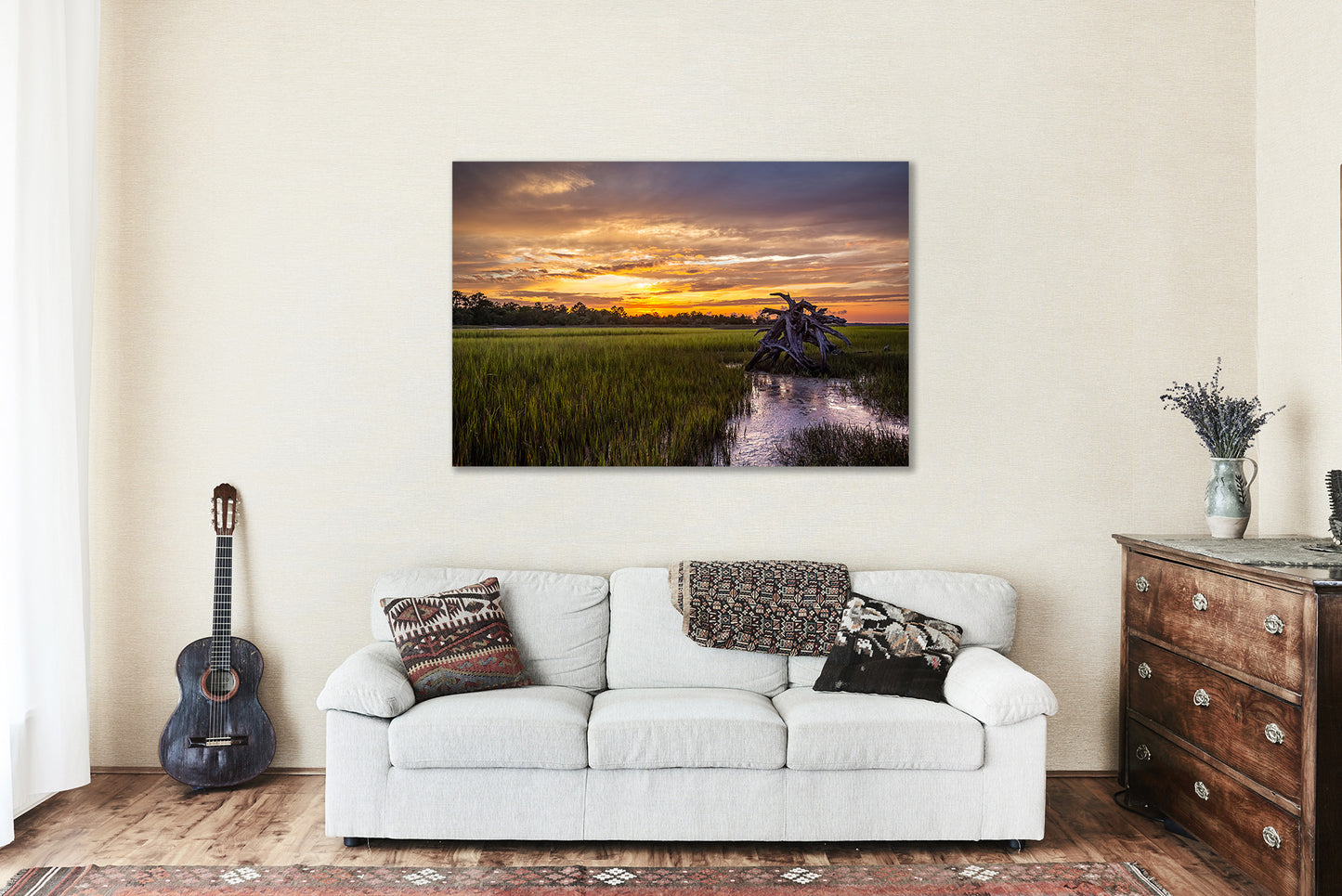 Canvas Wall Art | Dead Tree in Salt Marsh at Sunset Picture | Lowcountry Gallery Wrap | South Carolina Photography | Coastal Decor