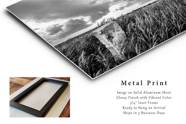 Metal Print | Limestone Marker in Prairie Grass Photo | Kansas Artwork | Great Plains Wall Art | Black and White Photography | Western Decor