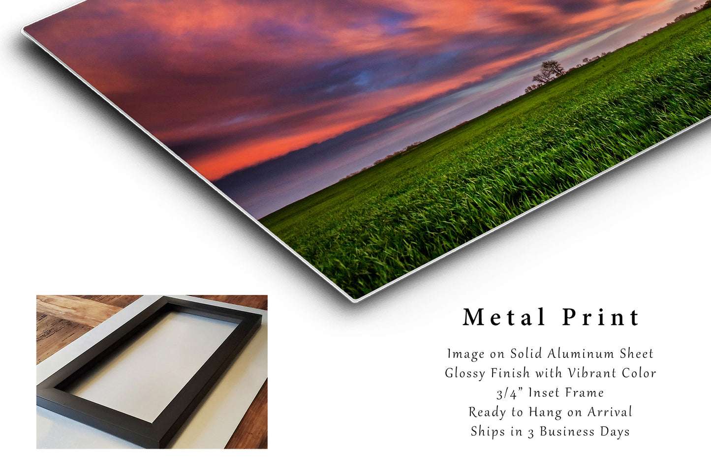 Great Plains Metal Print (Ready to Hang) Photo on Aluminum of Colorful Clouds Over Green Wheat Field at Sunset on Spring Evening in Oklahoma Sky Wall Art Nature Decor