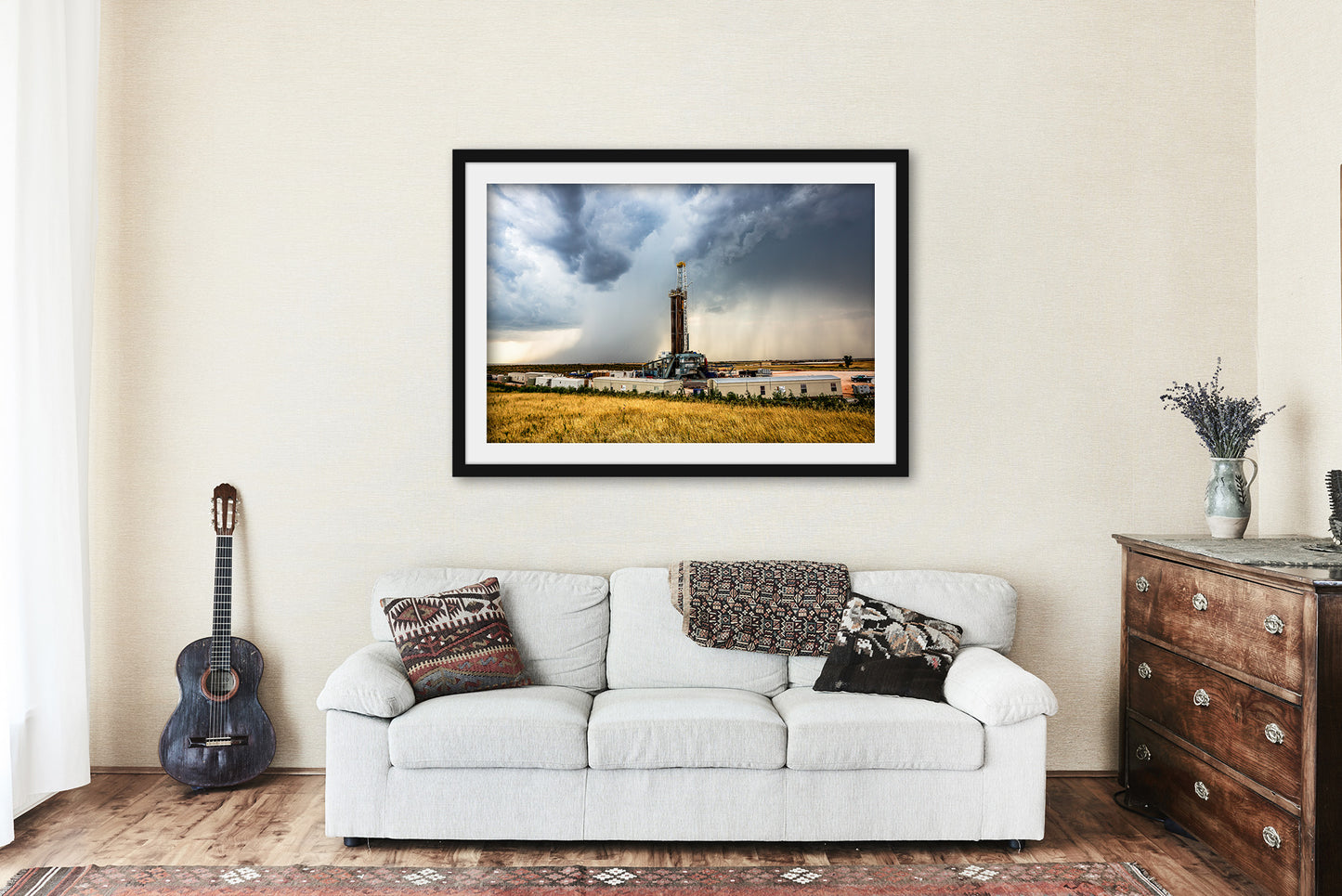 Framed Oilfield Print (Ready to Hang) Picture of Drilling Rig and Storm on Summer Day in Oklahoma Thunderstorm Wall Art Oil and Gas Decor