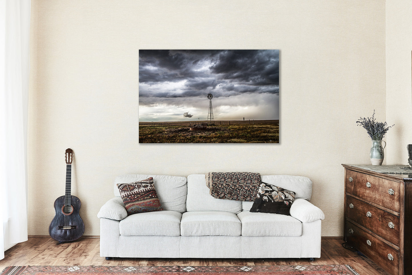Farmhouse Metal Print - Picture of Windmill Under Stormy Sky on Spring Day in Oklahoma - Ready to Hang Farm Photo Country Wall Art Decor