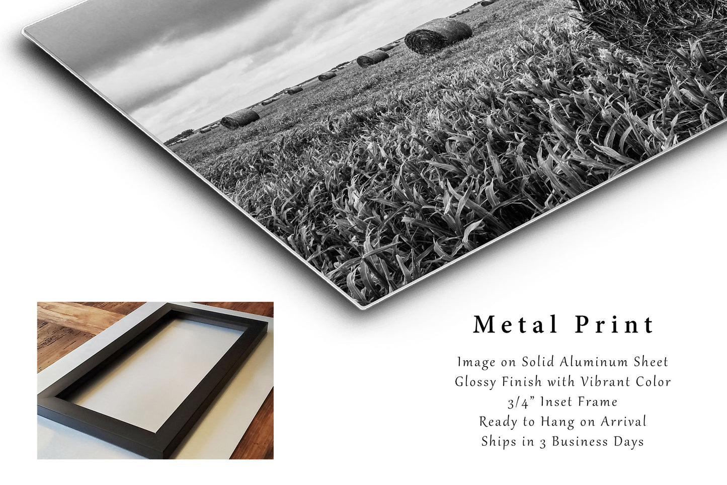 Metal Print | Round Hay Bale Photo | Kansas Artwork | Nostalgic Farm Wall Art | Black and White Photography | Farmhouse Decor