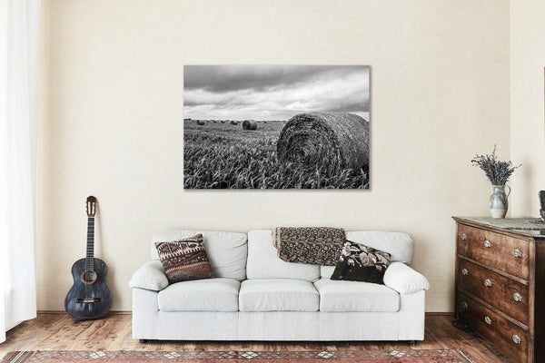 Farm Canvas Wall Art - Black and White Gallery Wrap of Hay Bales in a Field in Kansas - Nostalgic Country Farmhouse Photo Artwork Decor