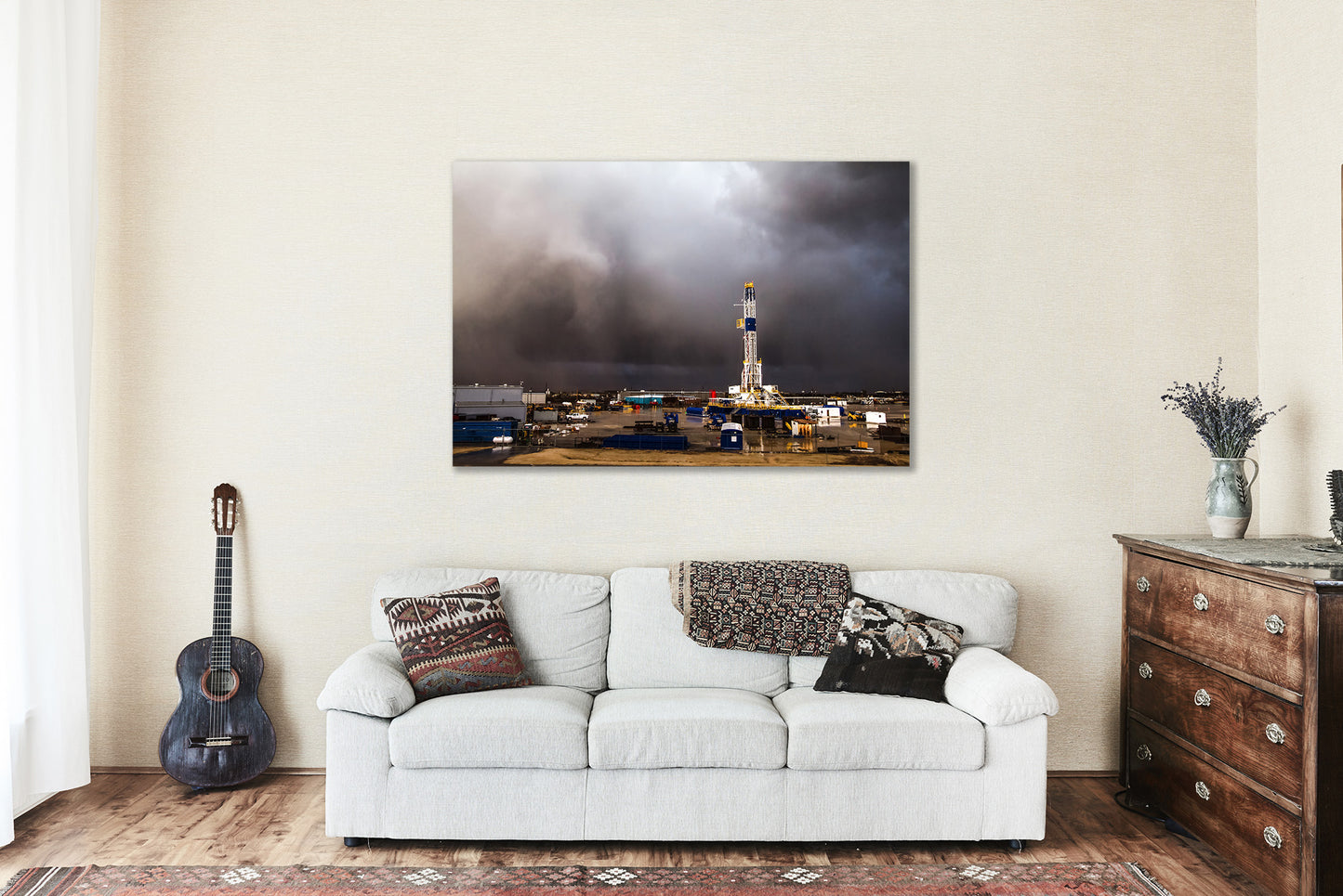 Oilfield Canvas Wall Art - Gallery Wrap of Drilling Rig in Storm on Spring Day in Oklahoma - Oil and Gas Photography Artwork Decoration