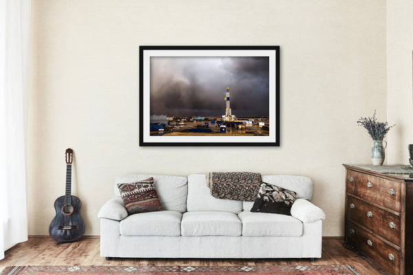 Framed and Matted Print - Picture of Drilling Rig in Storm on Spring Day in Oklahoma Oil and Gas Wall Art Oilfield Decor
