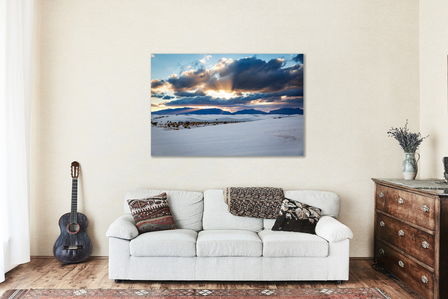 Canvas Wall Art - Gallery Wrap of Sunbeams Over Mountains at White Sands National Park New Mexico - Southwest Photography Artwork Decor