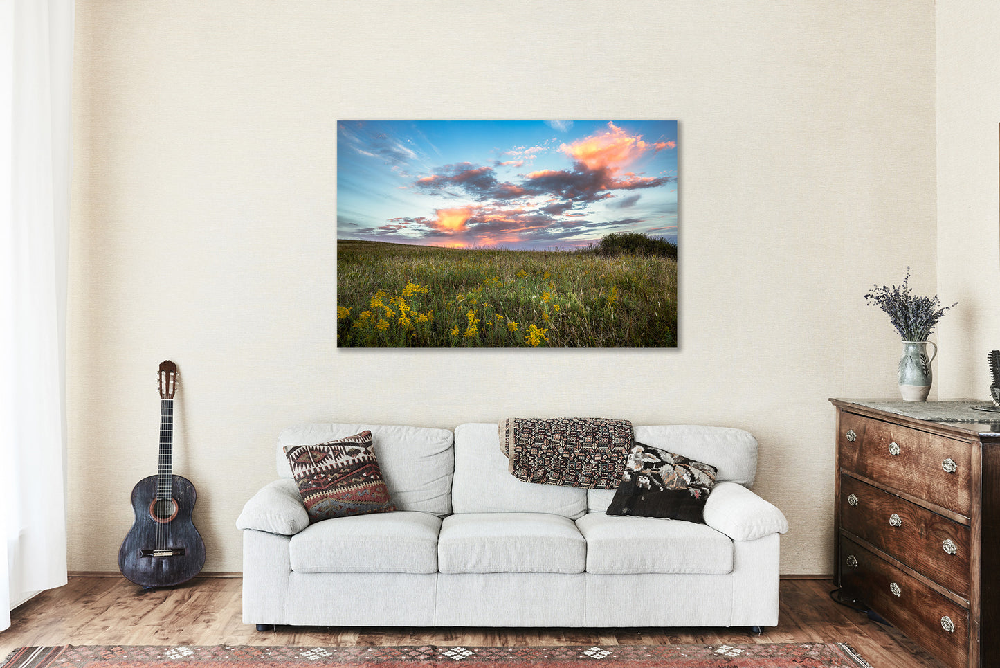 Great Plains Canvas Wall Art (Ready to Hang) Gallery Wrap of Colorful Clouds Over Tallgrass Prairie at Sunset in Oklahoma Osage County Photography Western Decor