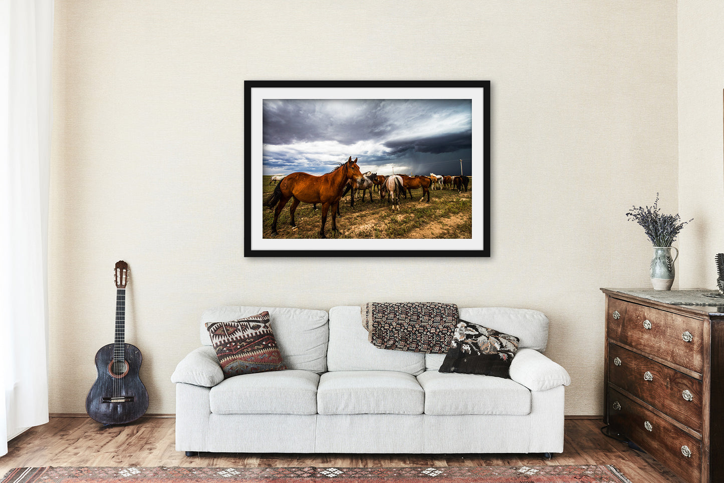 Framed and Matted Print - Picture of Horse Watching Over Herd as Storm Approaches on Spring Day in Oklahoma Equine Wall Art Western Decor