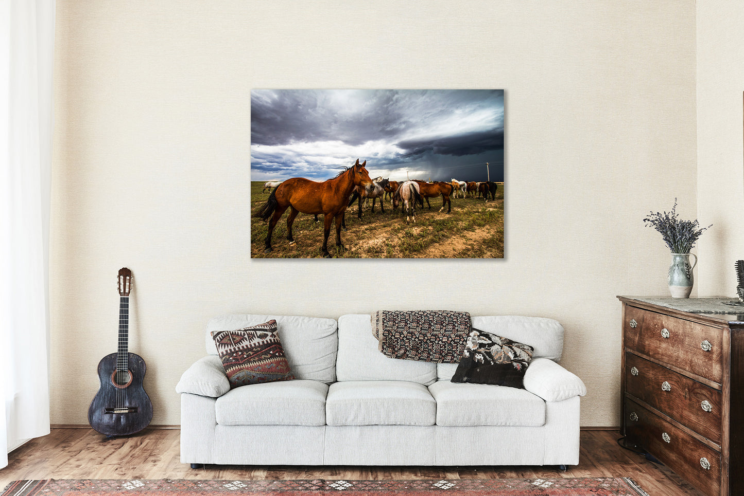 Western Canvas Wall Art - Gallery Wrap of Horse Watching Over Herd on Stormy Day in Oklahoma - Farm Ranch Photography Artwork Photo Decor