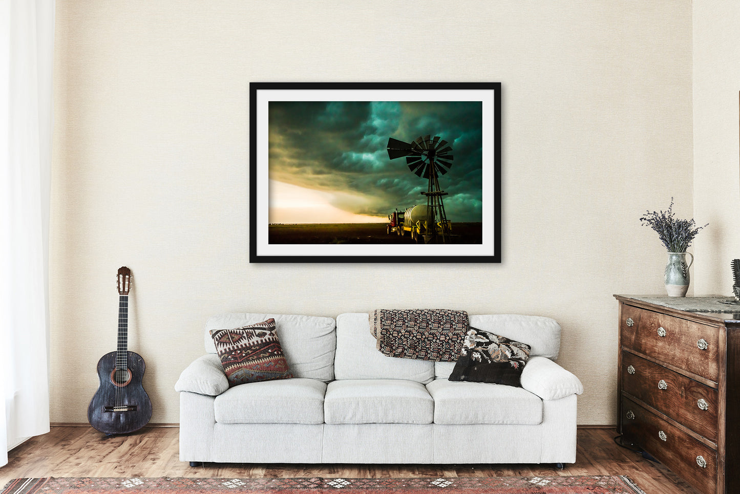 Framed Country Print - Ready to Hang Picture of Windmill and Truck Under Storm Clouds in Oklahoma - Western Plains Landscape Photo Artwork