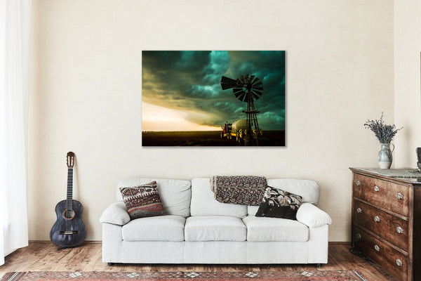 Farmhouse Canvas Wall Art - Gallery Wrap Windmill and Truck Under Storm Clouds in Oklahoma - Country Photography Artwork Photo Decor