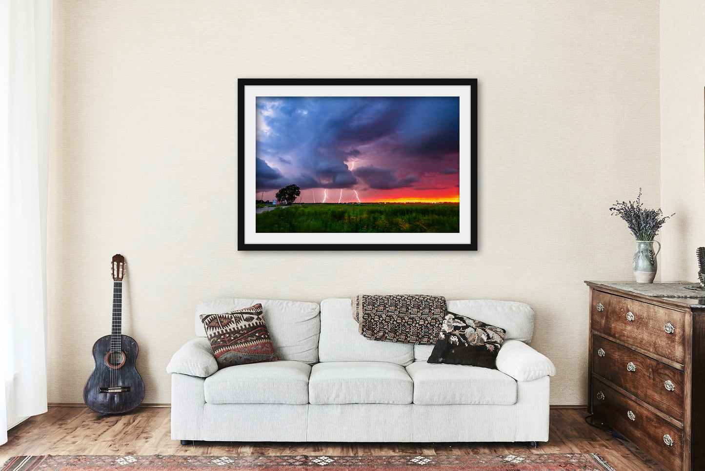 Framed and Matted Print - Picture of Multiple Lightning Strikes at Sunset on Stormy Evening in Oklahoma - Storm Wall Art Thunderstorm Decor