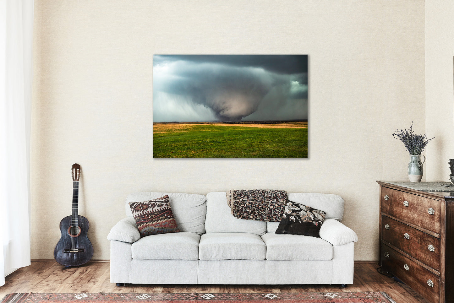 Weather Canvas Wall Art (Ready to Hang) Gallery Wrap of Large Tornado Rumbling Over Field in Kansas Storm Photography Great Plains Decor