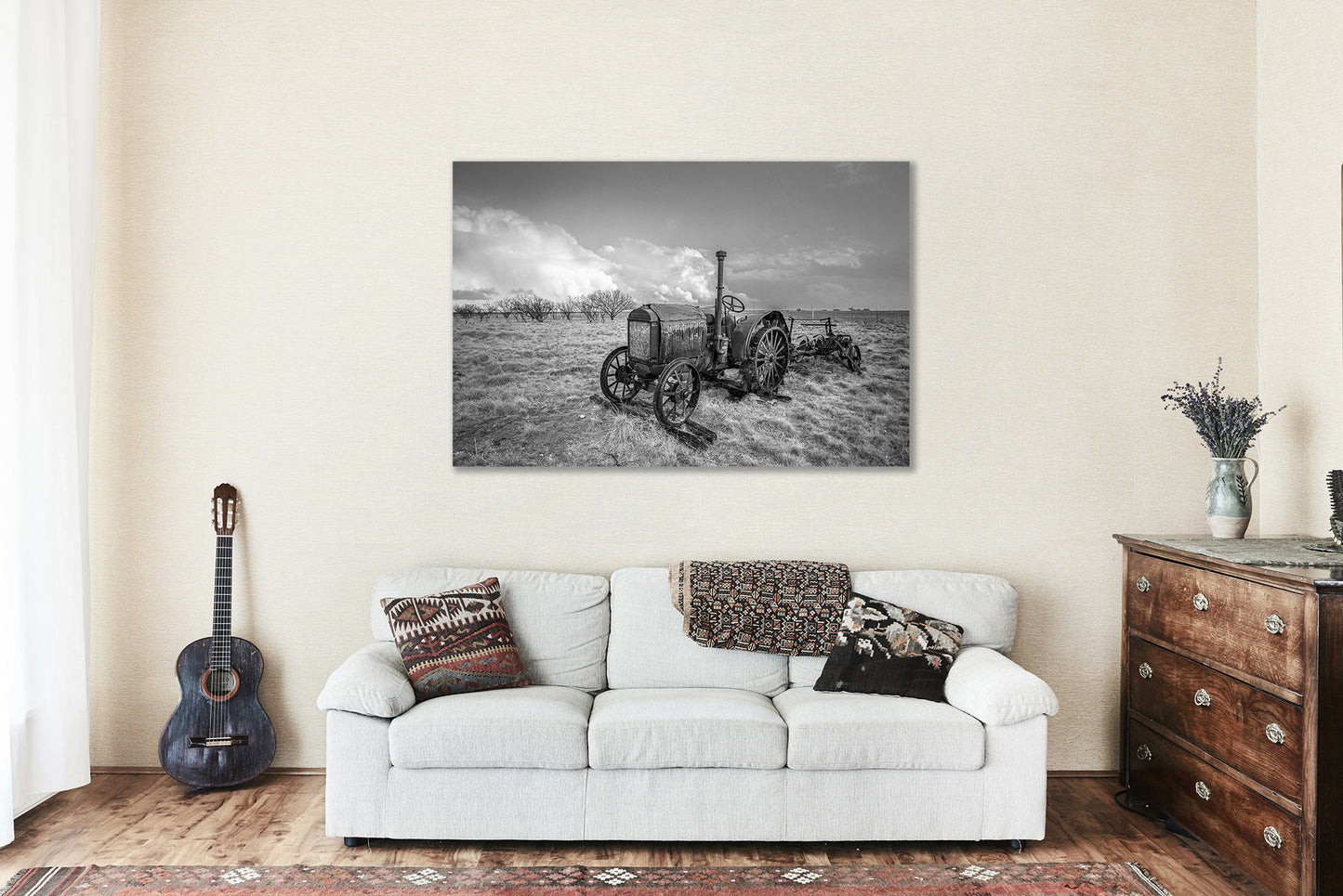 Country Metal Print (Ready to Hang) Black and White Photo on Aluminum of Classic McCormick-Deering Tractor on Stormy Day in Texas Farm Wall Art Farmhouse Decor
