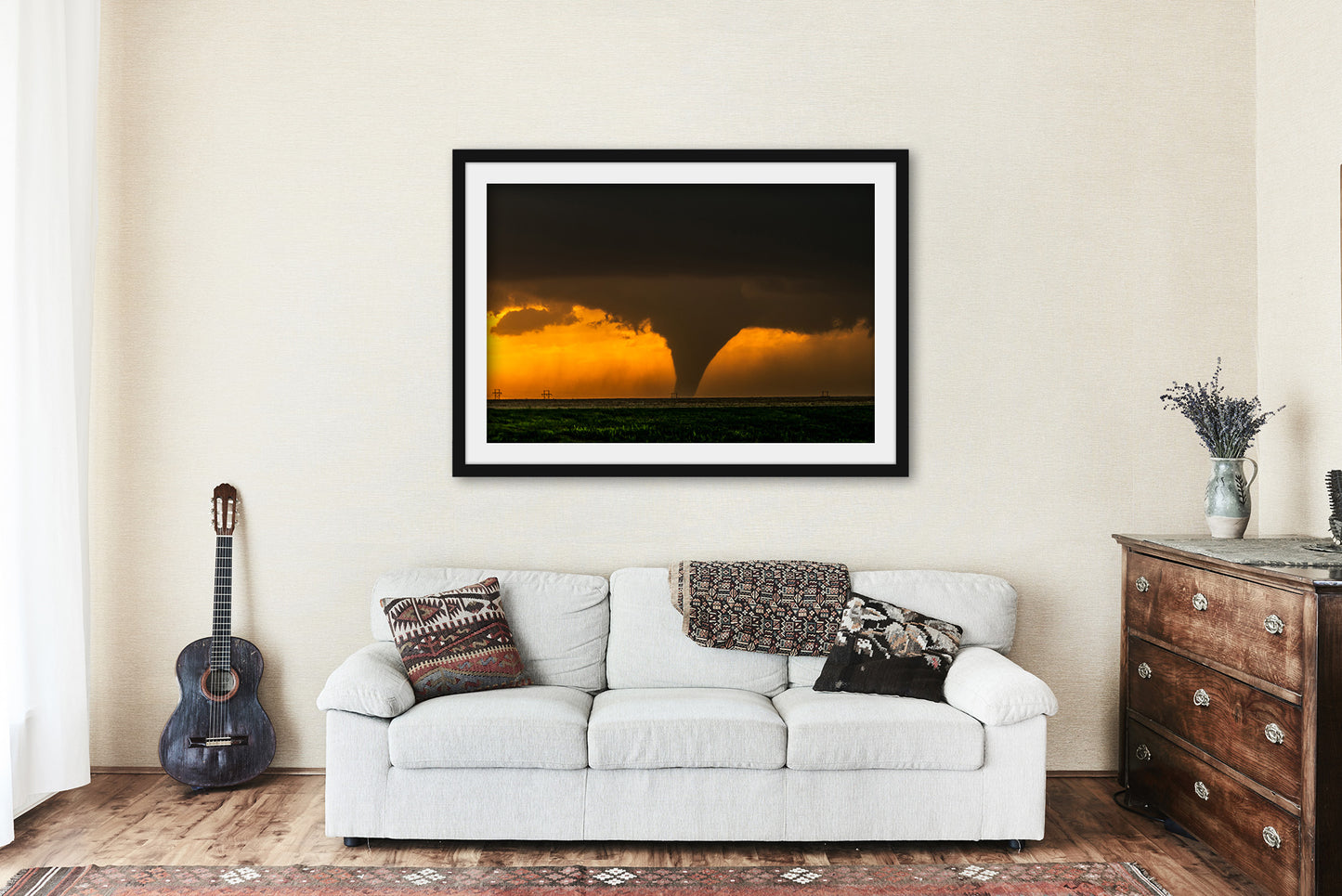 Framed and Matted Print - Picture of Large Tornado as Silhouette at Sunset on Spring Evening in Kansas Storm Wall Art Nature Decor