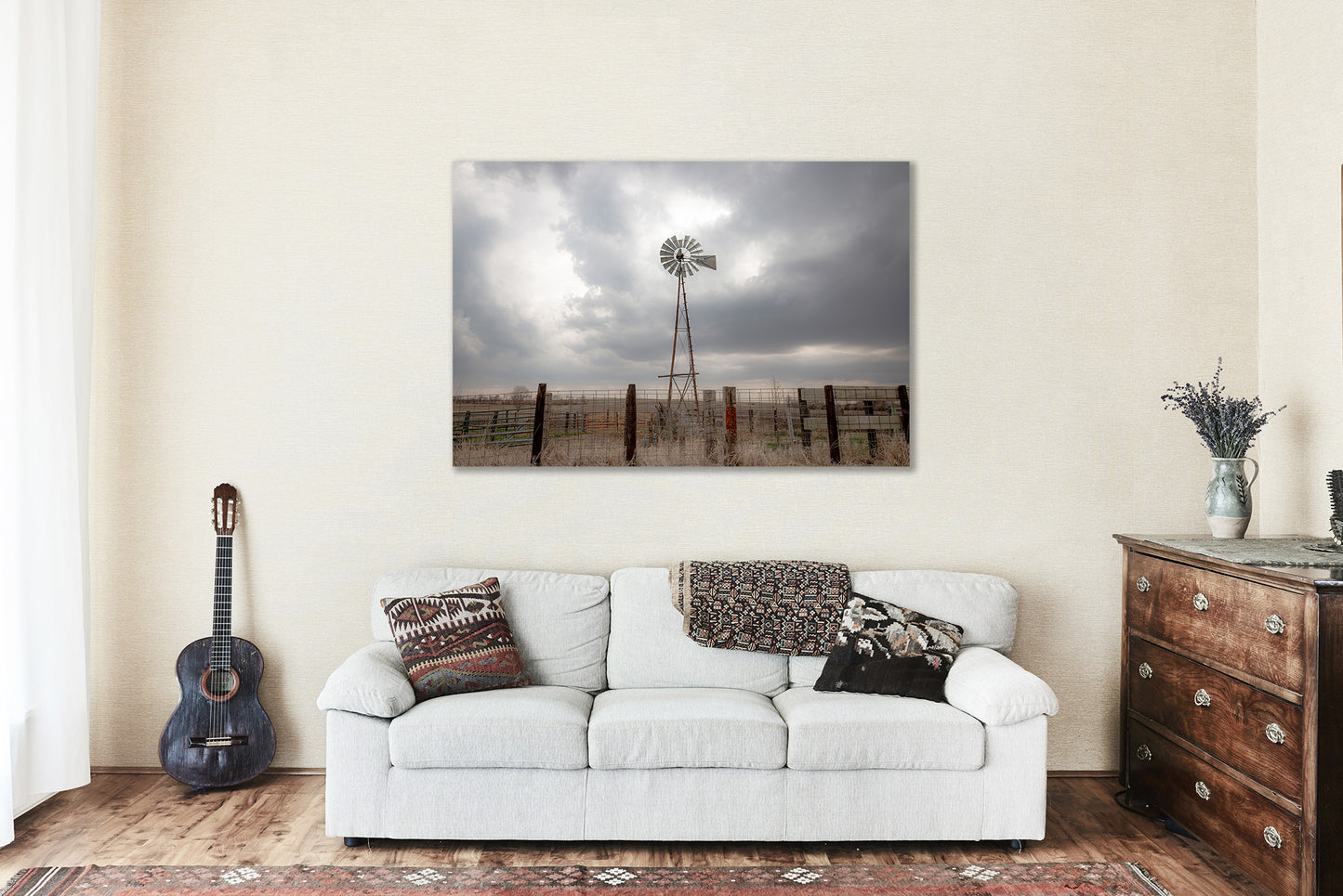 Country Canvas Wall Art - Gallery Wrap of Rustic Windmill Against Silver Sky on Farm in Iowa - Farmhouse Photography Artwork Decor