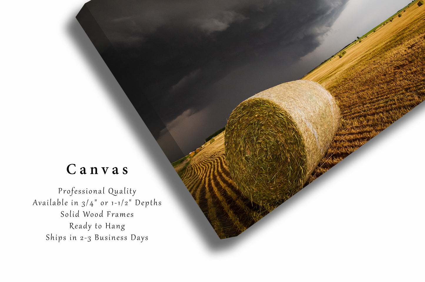 Farm Canvas Wall Art - Gallery Wrap of Golden Round Hay Bale Under Advancing Storm on Spring Day in Kansas - Country Farmhouse Photo Decor