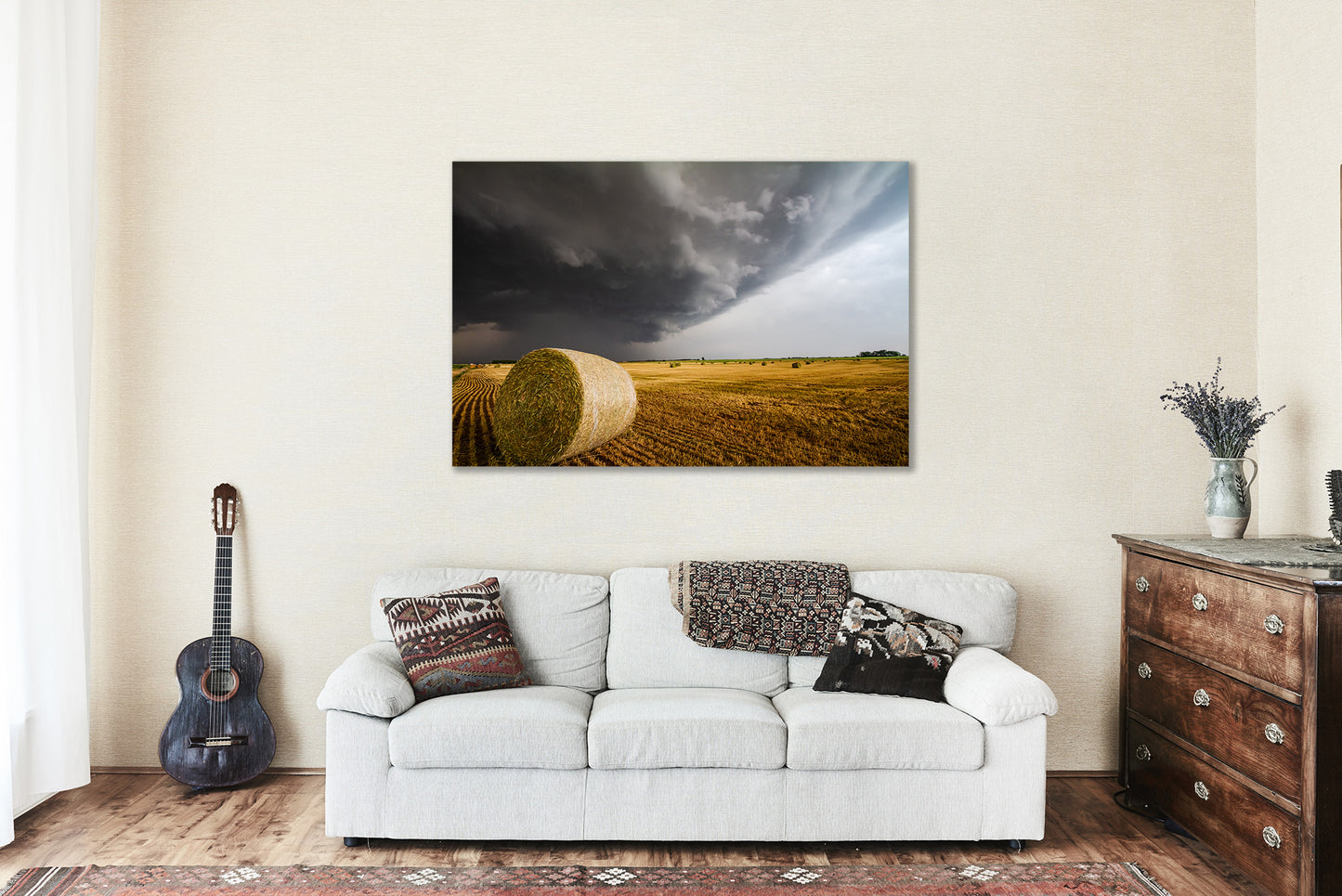Farm Canvas Wall Art - Gallery Wrap of Golden Round Hay Bale Under Advancing Storm on Spring Day in Kansas - Country Farmhouse Photo Decor