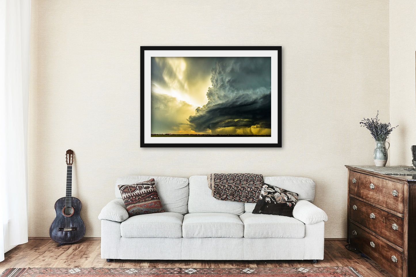 Framed and Matted Print - Picture of Supercell Thunderstorm Over Plains in Oklahoma - Storm Photography Weather Wall Art Photo Artwork Decor