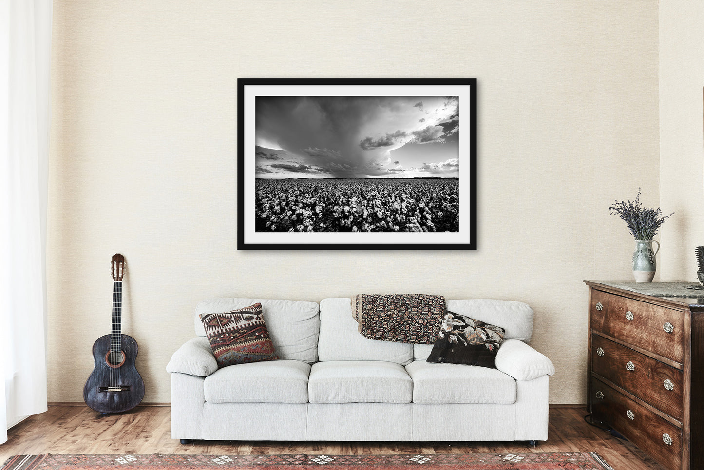 Framed and Matted Print - Black and White Farm Wall Art Photo of Storm Brewing Over Cotton Field in Oklahoma Country Farmhouse Decor