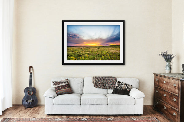 Framed Print - Ready to Hang Wall Art of Warm Sunset Over Tallgrass Prairie on Autumn Evening in Oklahoma - Plains Landscape Photo Decor