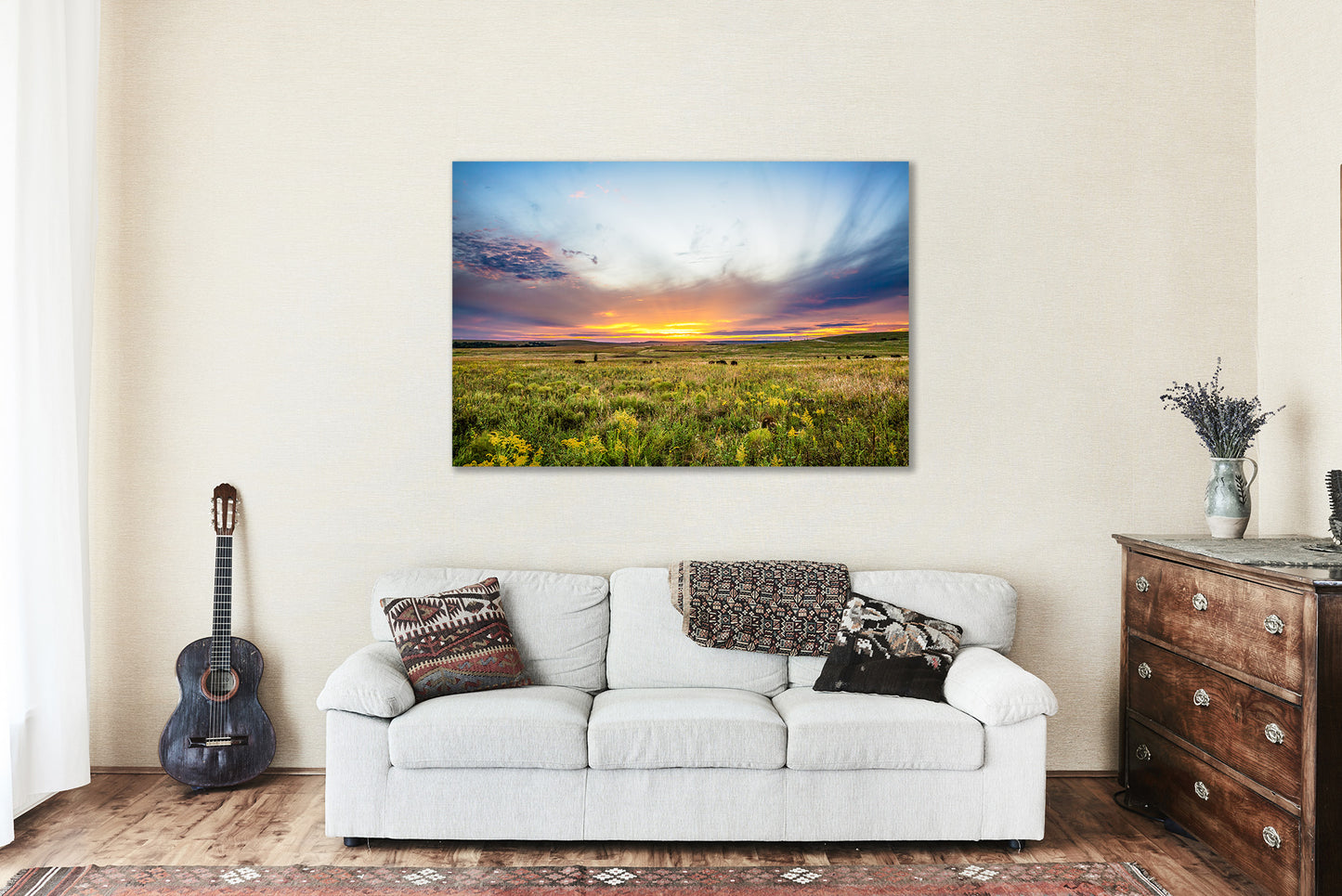 Great Plains Canvas Wall Art (Ready to Hang) Gallery Wrap of Warm Sunset Over Tallgrass Prairie in Osage County Oklahoma Landscape Photography Western Decor