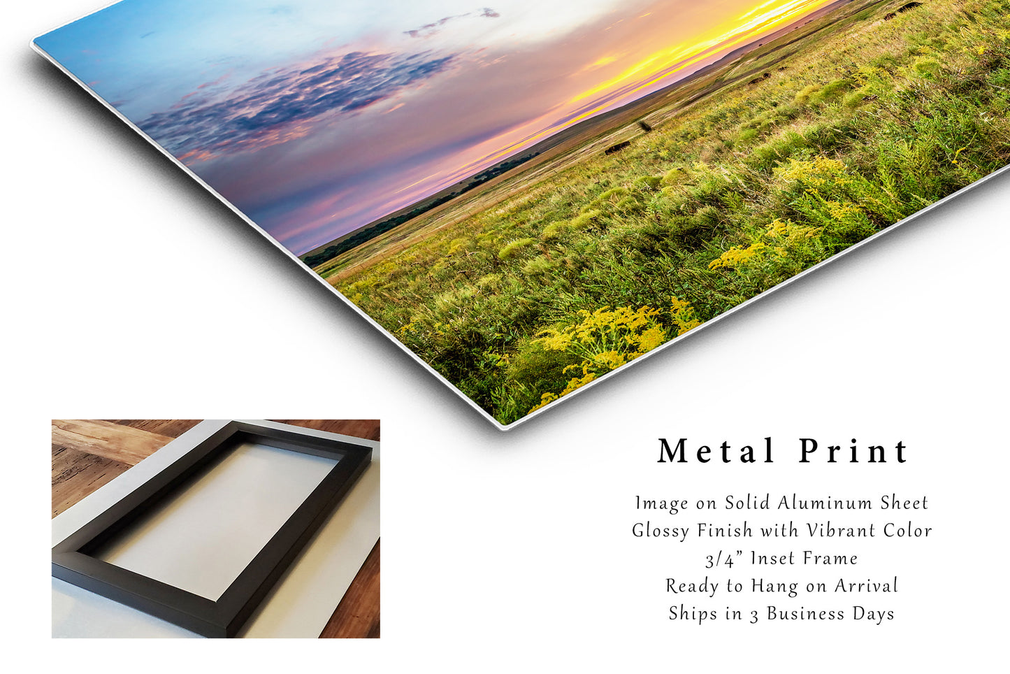 Great Plains Metal Print (Ready to Hang) Photo on Aluminum of Warm Sunset Over Tallgrass Prairie in Osage County Oklahoma Landscape Wall Art Western Decor