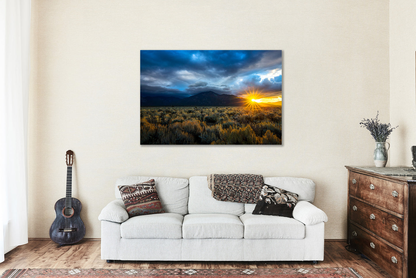 Southwest Canvas Wall Art - Gallery Wrap of Taos Mountain with Sun Twinkle in Taos New Mexico Landscape Photography Western Decor
