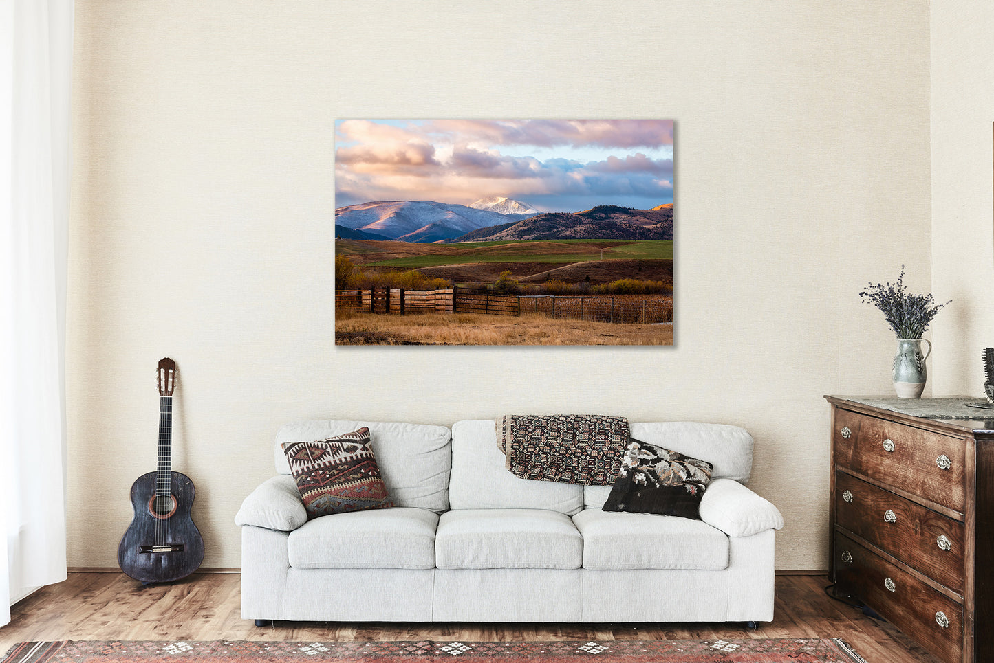 Western Canvas Wall Art - Gallery Wrap of Snowy Peak and Mountain Landscape Overlooking Valley on Autumn Day in Montana Rocky Mountain Decor