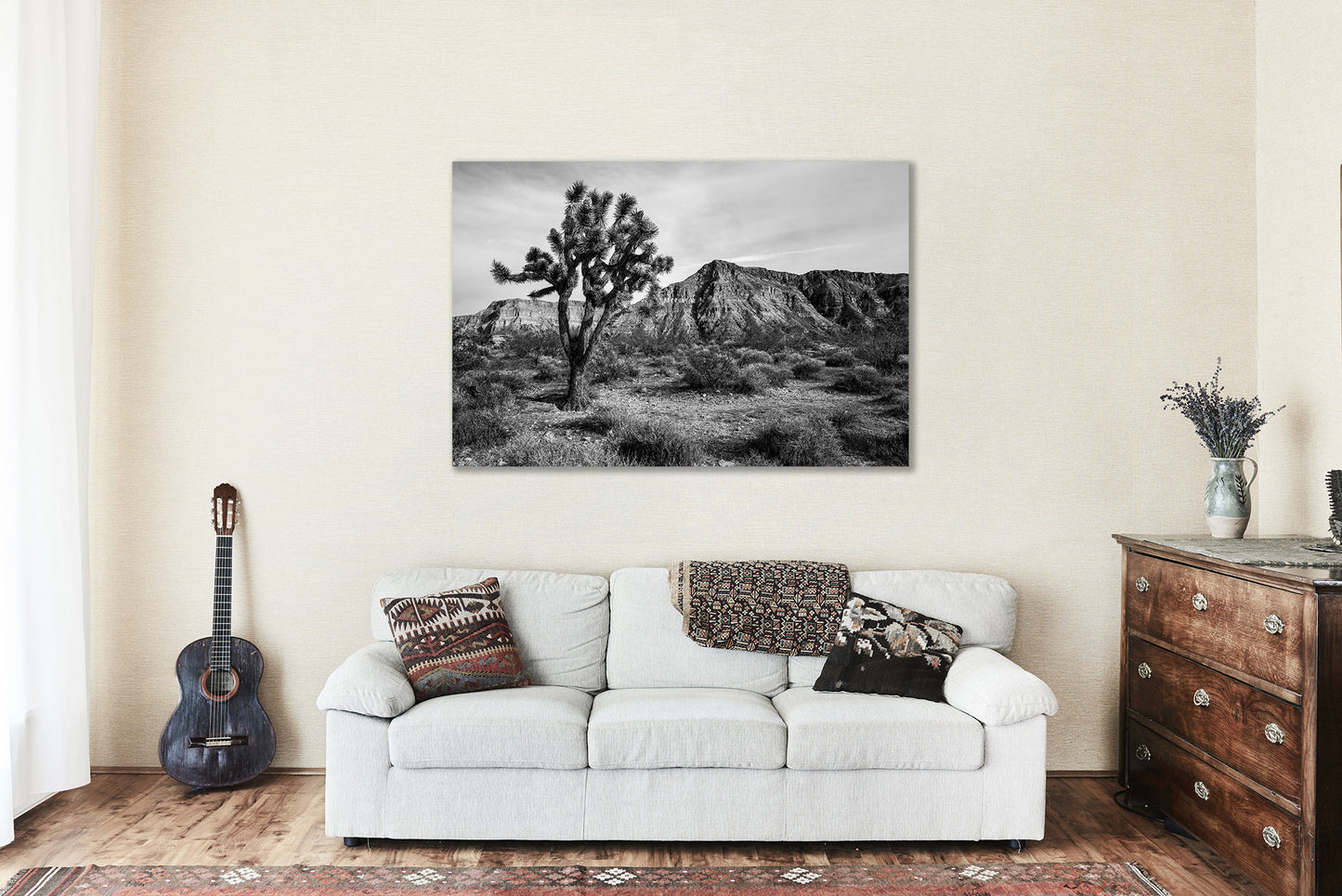 Desert Canvas Wall Art - Black and White Gallery Wrap of Joshua Tree and Mountain in Arizona - Southwest Photography Photo Artwork Decor