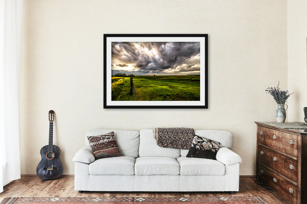Framed and Matted Print - Picture of Golden Sunlight Through Storm Clouds Onto Prairie on Stormy Day in Nebraska Great Plains Wall Art