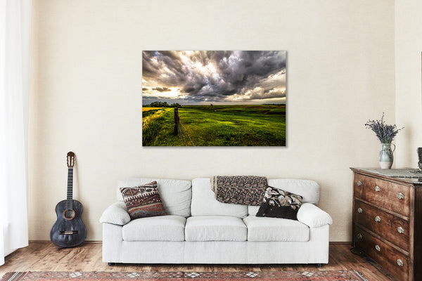 Plains Landscape Print on Metal - Golden Sunlight Through Storm Clouds on Nebraska Prairie - Country Farmhouse Photo Artwork Decor