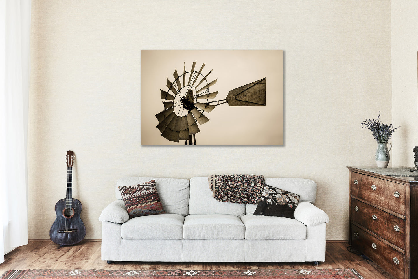 Country Metal Print (Ready to Hang) Sepia Toned Photo of Windmill Head and Tail in Iowa Farm Wall Art Farmhouse Decor